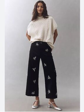 ANTHROPOLOGIE Maeve 3D Bouquets Crop Trousers Black Velvet Size 32 NEW Floral